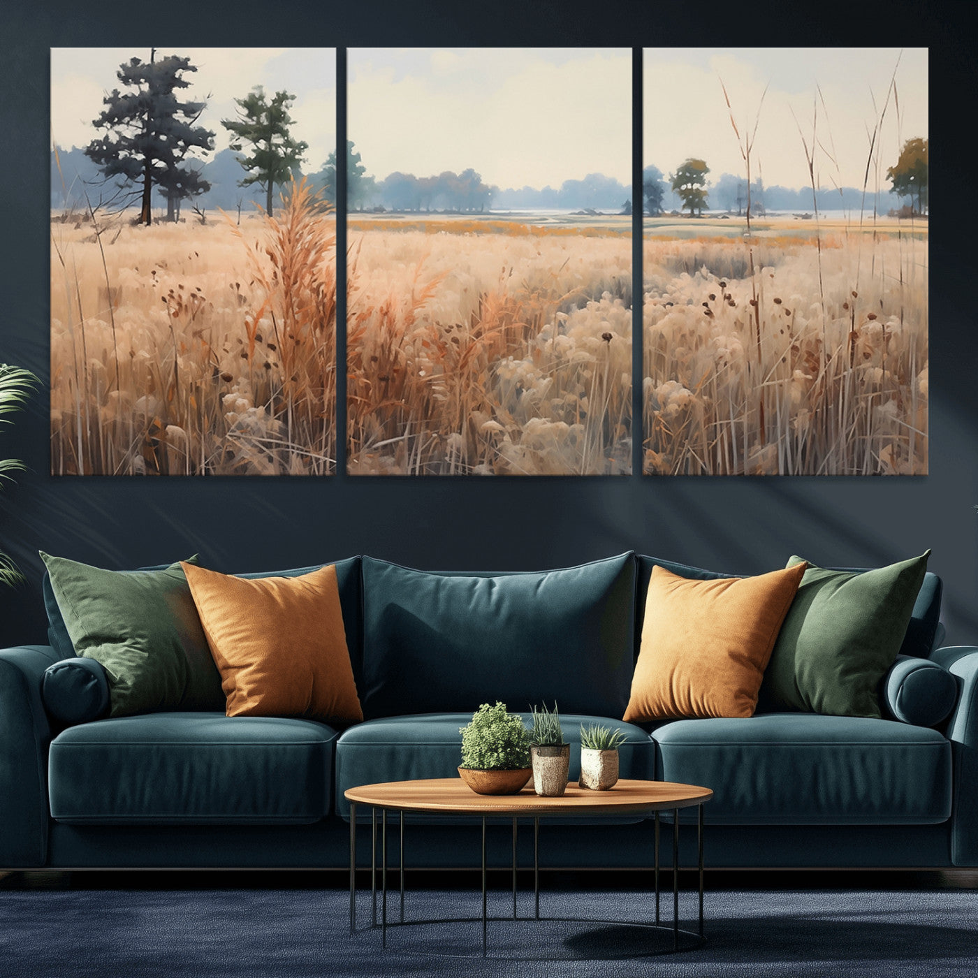 MGV-CV-60X30-3P - Golden Fields Canvas Wall Art Print – Serene Landscape of Nature’s Tranquility in Minimalist Modern Decor