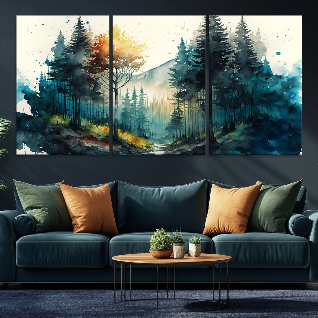 The Watercolor Trees Forest Abstract canvas print is displayed prominently.