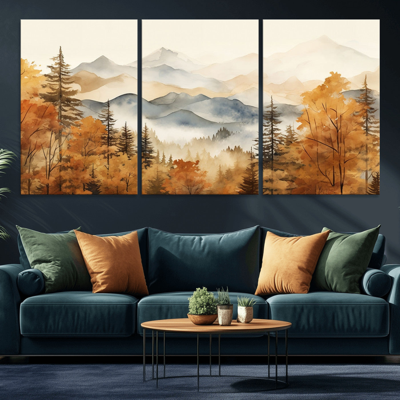 MGV-CV-60X30-3P - Golden Autumn Forest Wall Art | Mountain Landscape Canvas Print for Living Room or Bedroom | Large Wall Decor with Nature-Inspired Design