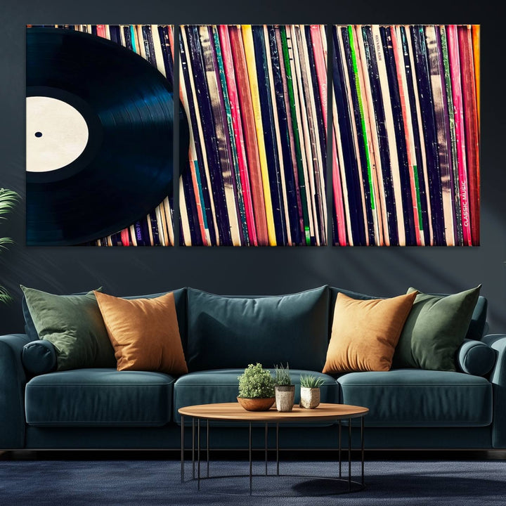 The Vinyl Record and Album Collection Canvas above the dining table enhances the modern kitchen, creating a perfect aesthetic for vintage vinyl lovers.