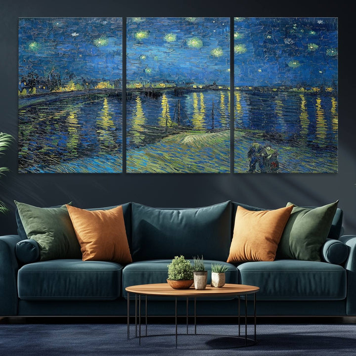 A Vincent van Gogh Starry Night over the Rhone canvas print is displayed on a porch.