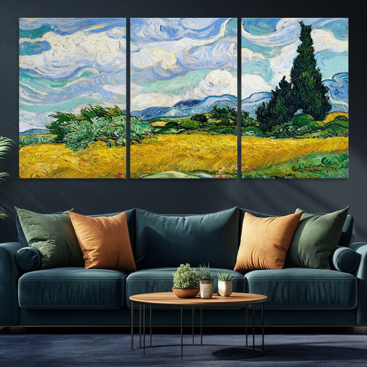 A kitchen featuring Wheatfield With Cypresses Van Gogh canvas wall art.