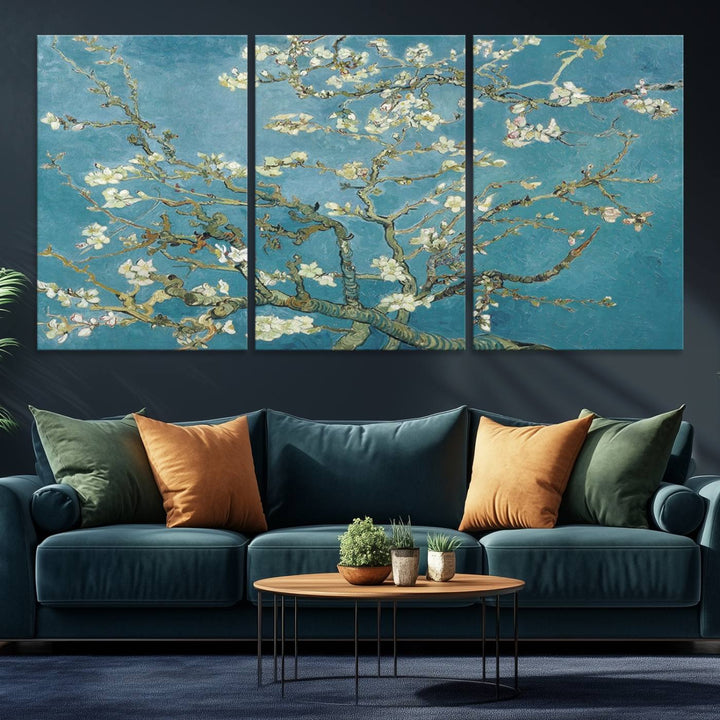 The wall art, Vincent Van Goghs Almond Blossom, stands out with its vibrant depiction against a serene blue background.