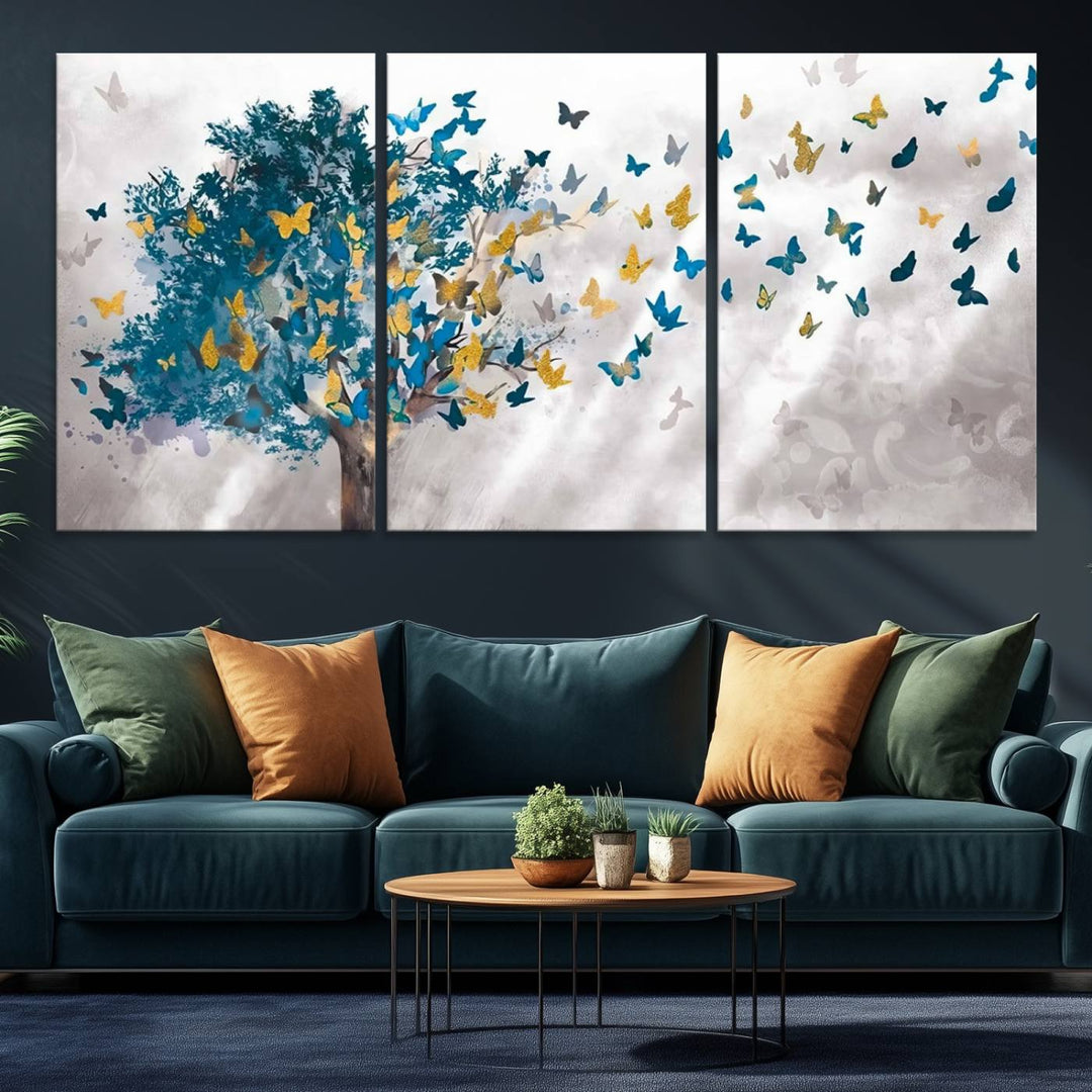 The modern dining room features Tree Butterfly Abstract Wall Art, adding a touch of nature-inspired decor.