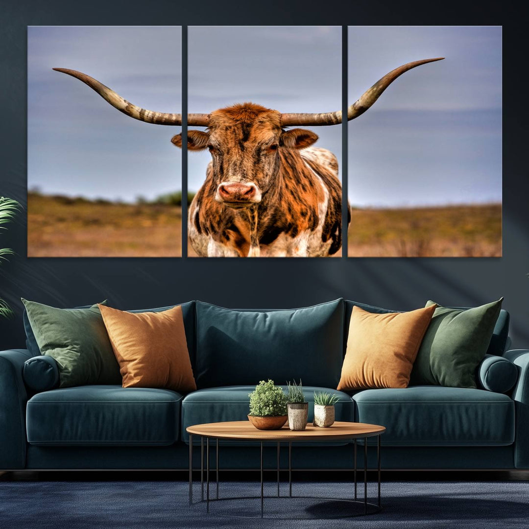 The Texas Longhorn Wall Art Print is displayed in a stylish living room.