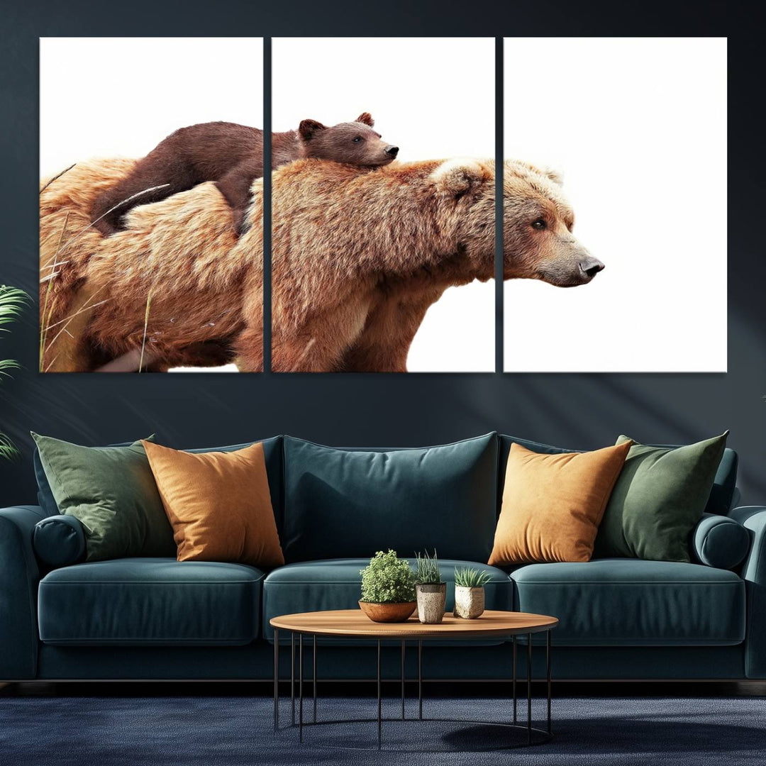 Mother and Baby Bear canvas: an adorable wildlife print displayed on a dark green wall.