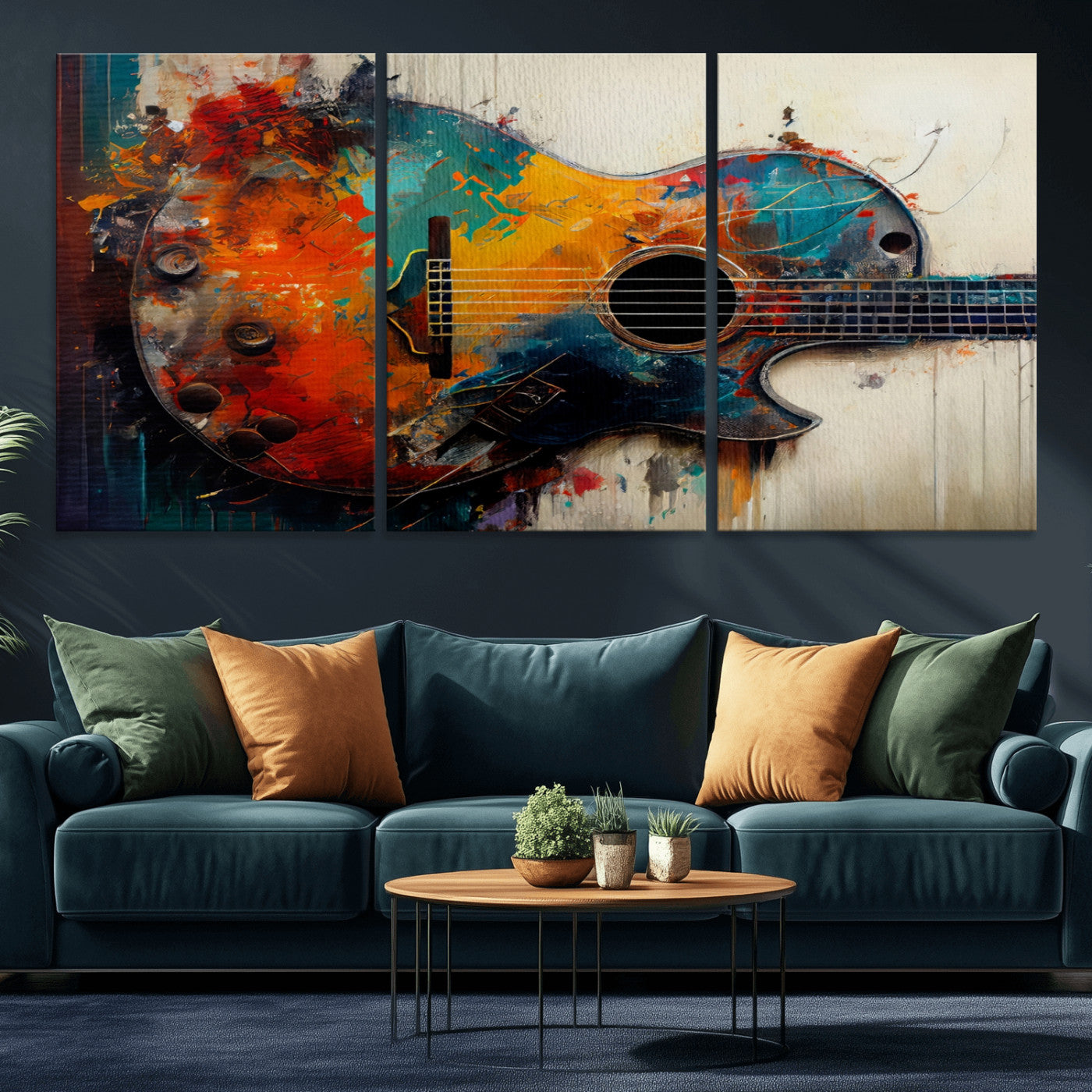 MGV-CV-60X30-3P - Abstract Guitar Wall Art Canvas | Vibrant Music-Inspired Art for Living Room or Studio | Colorful Music Decor Canvas Print