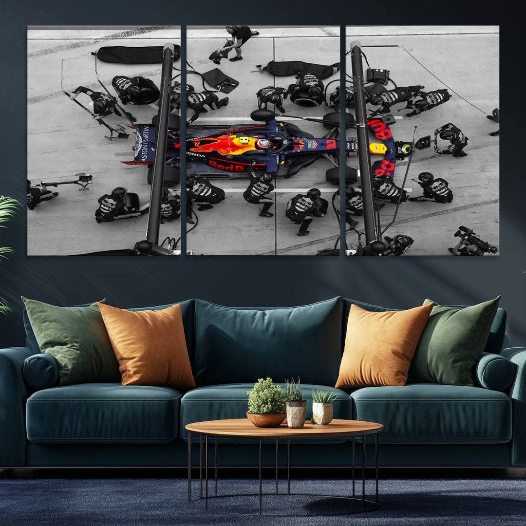 Red Bull Formula 1 Canvas Wall Art Print: An aerial view of a Formula 1 pit stop featuring a Red Bull car on premium canvas.