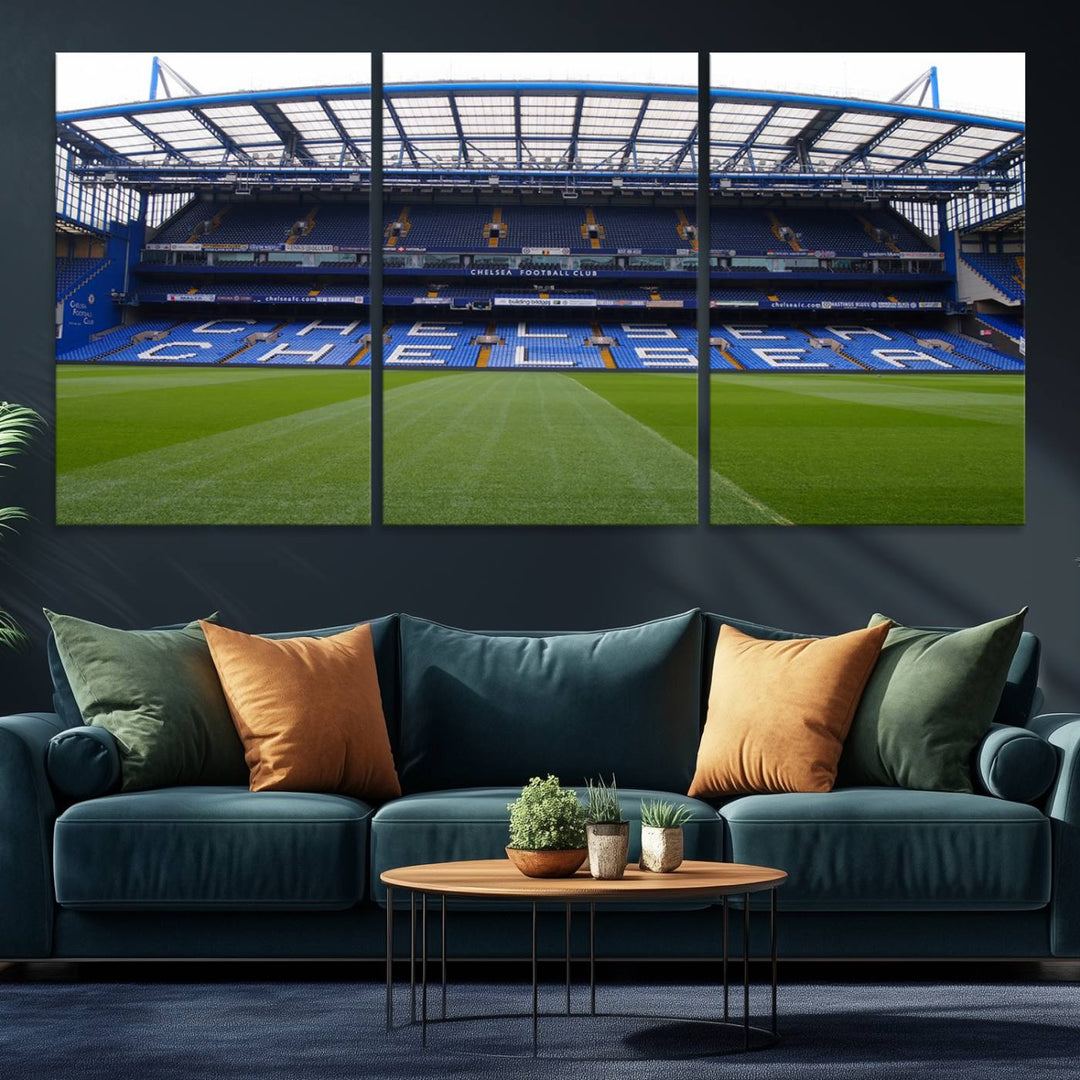 The wall art features a Chelsea FC Stamford Bridge Stadium canvas print.