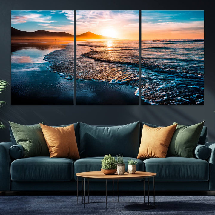 The Sunset Beach Ocean Canvas Wall Art – Tranquil Reflections at Dusk enhances the ambiance with its captivating depiction of serene ocean views at dusk.