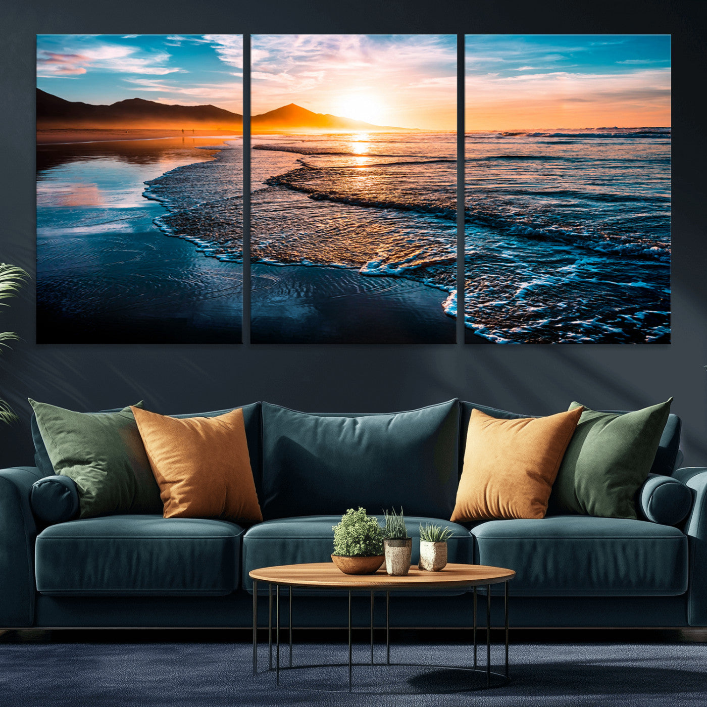MGV-CV-60X30-3P - Sunset Beach Ocean Canvas Wall Art – Tranquil Ocean Reflections at Dusk – Ready to Hang