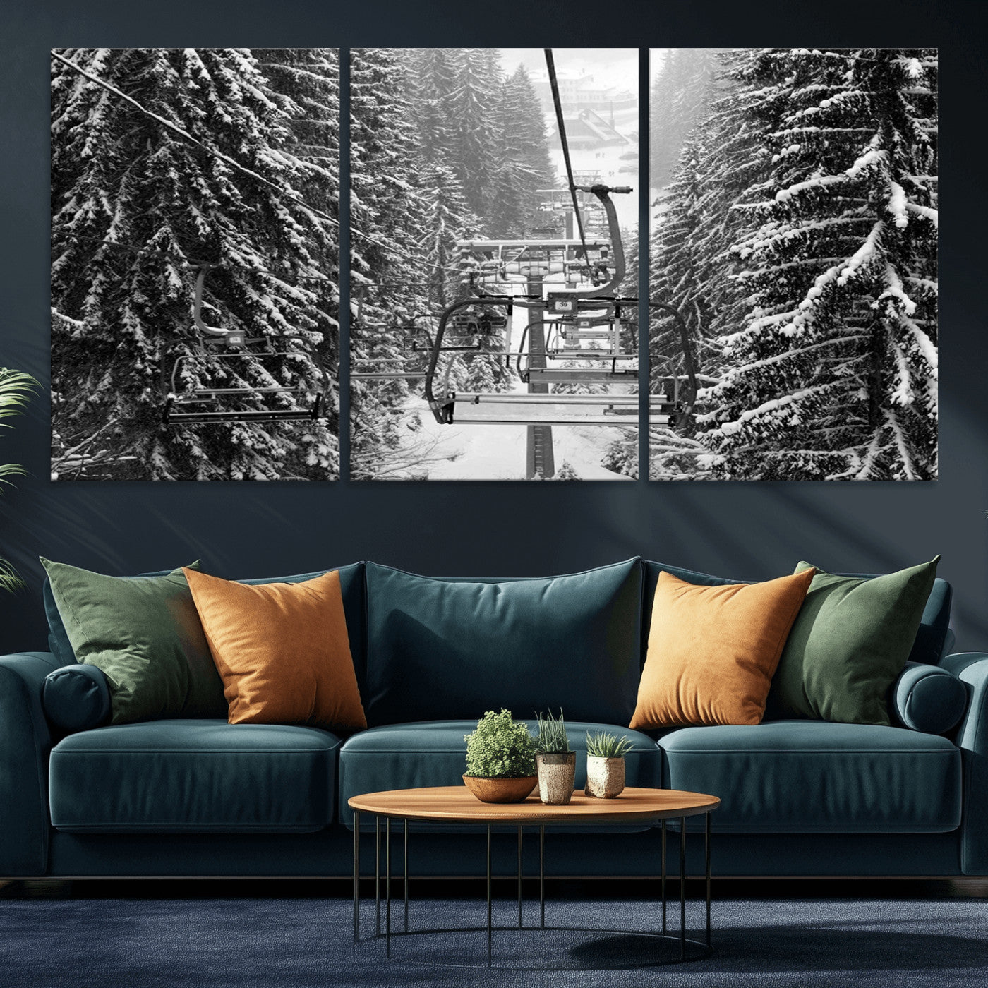 MGV-CV-60X30-3P - Winter Ski Lift Black and White Canvas Wall Art – Alpine Escape in Minimalist Style – Ready to Hang