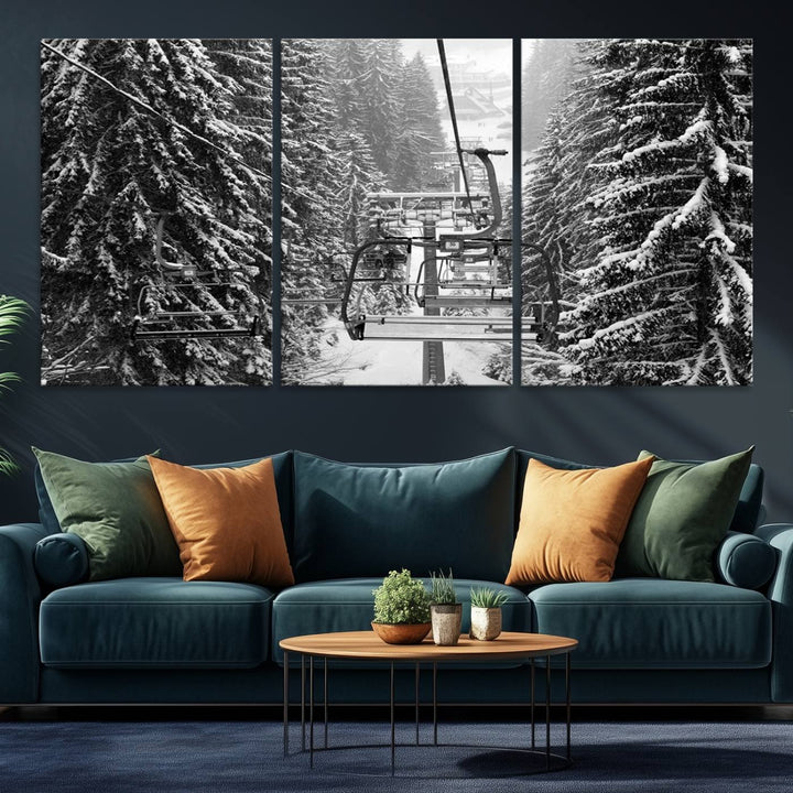 The Winter Ski Lift Canvas in minimalist style adds a unique touch to the dining room.