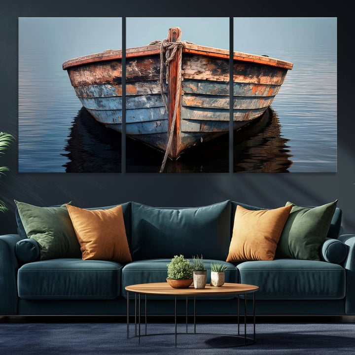 Stunning vintage boat canvas print featuring a calm water scene.