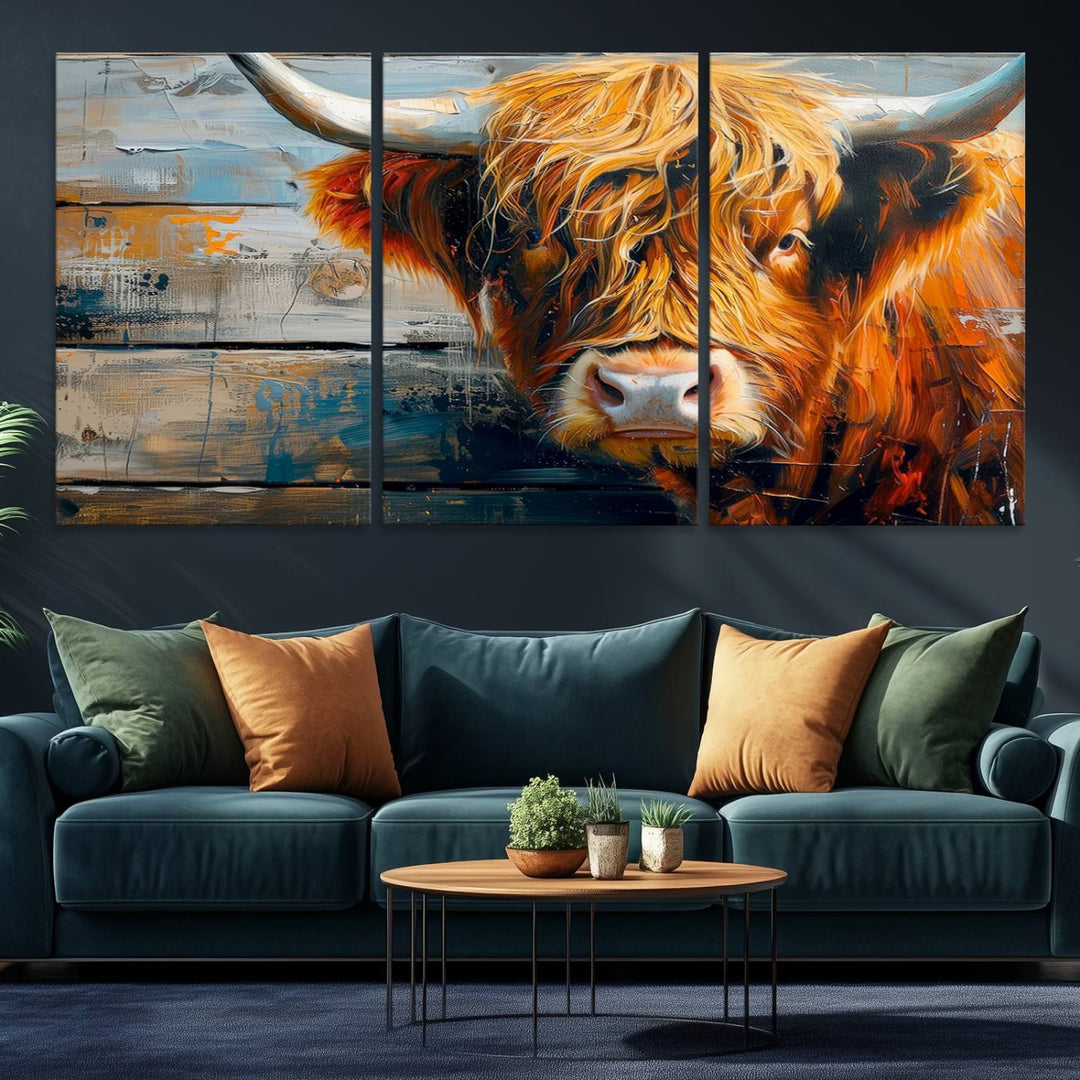 The dining room features Highland Cow Abstract Canvas Wall Art in a farmhouse rustic decor style.