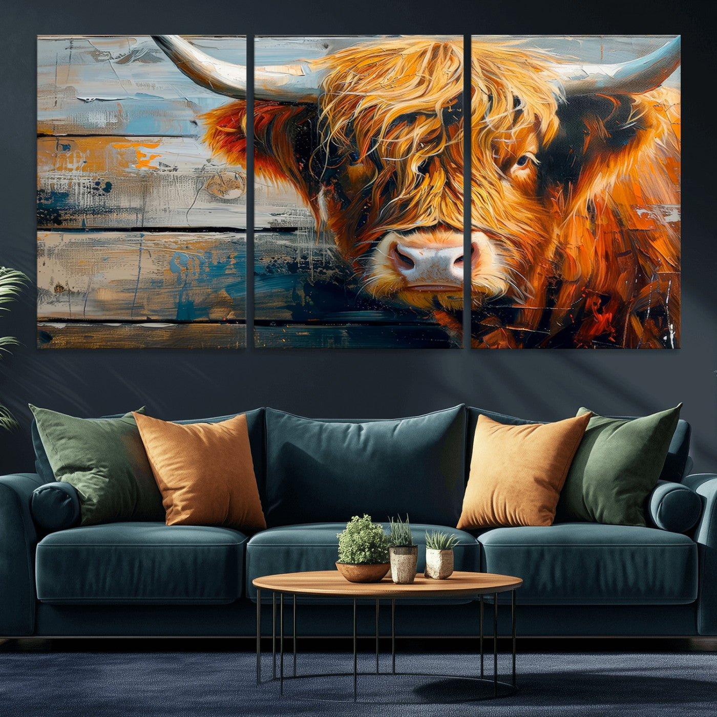 -Highland Cow Abstract Canvas Wall Art – Bold Farmhouse Rustic Decor – Ready to Hang