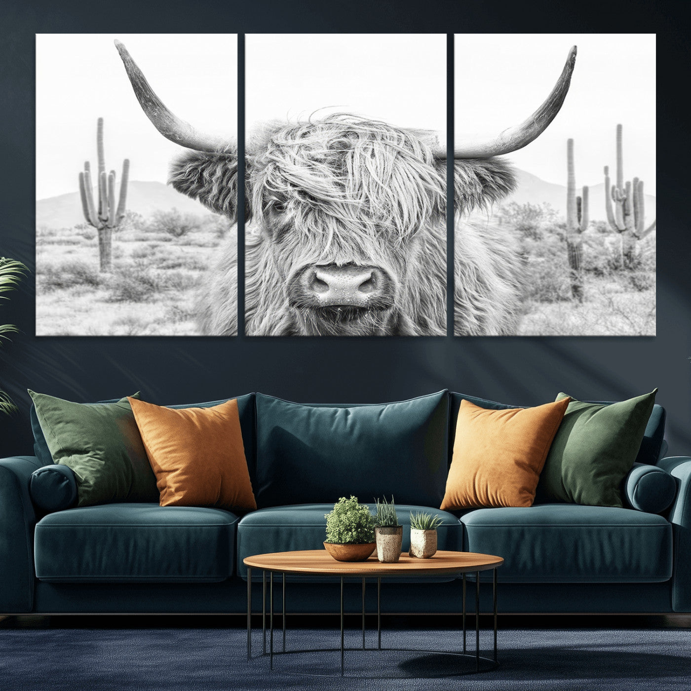 -Rustic Charm | Cow Longhorn Black White Bighorn Wall Art Canvas Print | Farmhouse Wall Art