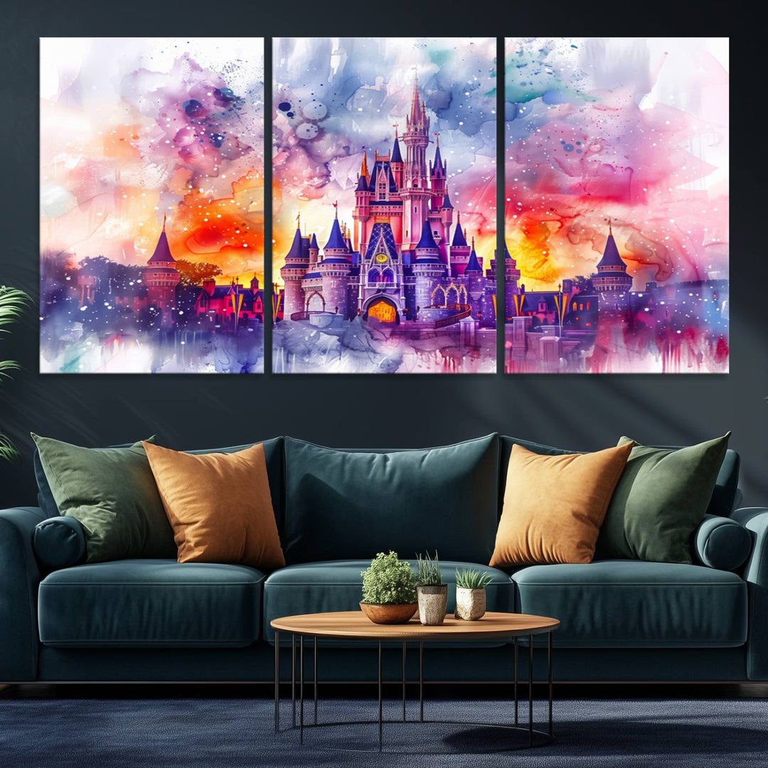 The watercolor Disney Wall Art showcases Cinderellas Castle in pink, purple, and orange hues.