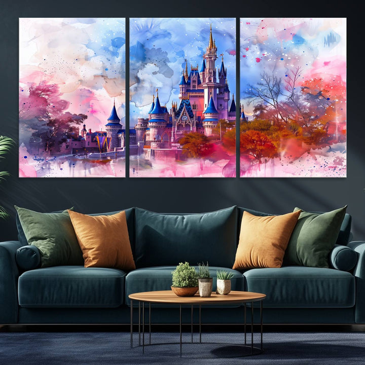 A Disney Wall Art: Dreamy Watercolor Cinderella Castle Canvas Print hangs prominently.