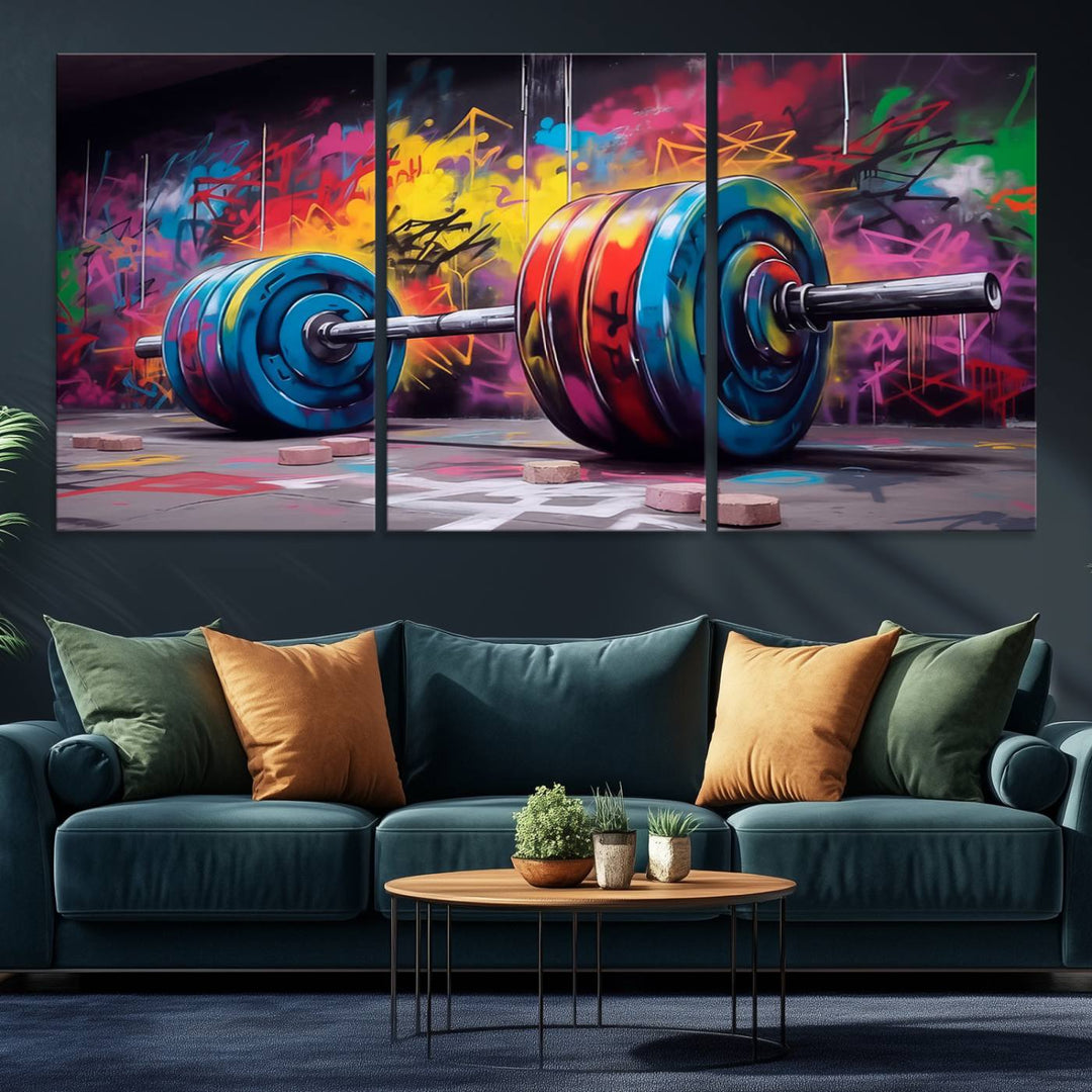 The Abstract Graffiti Barbell Canvas Wall Art is displayed on a porch.