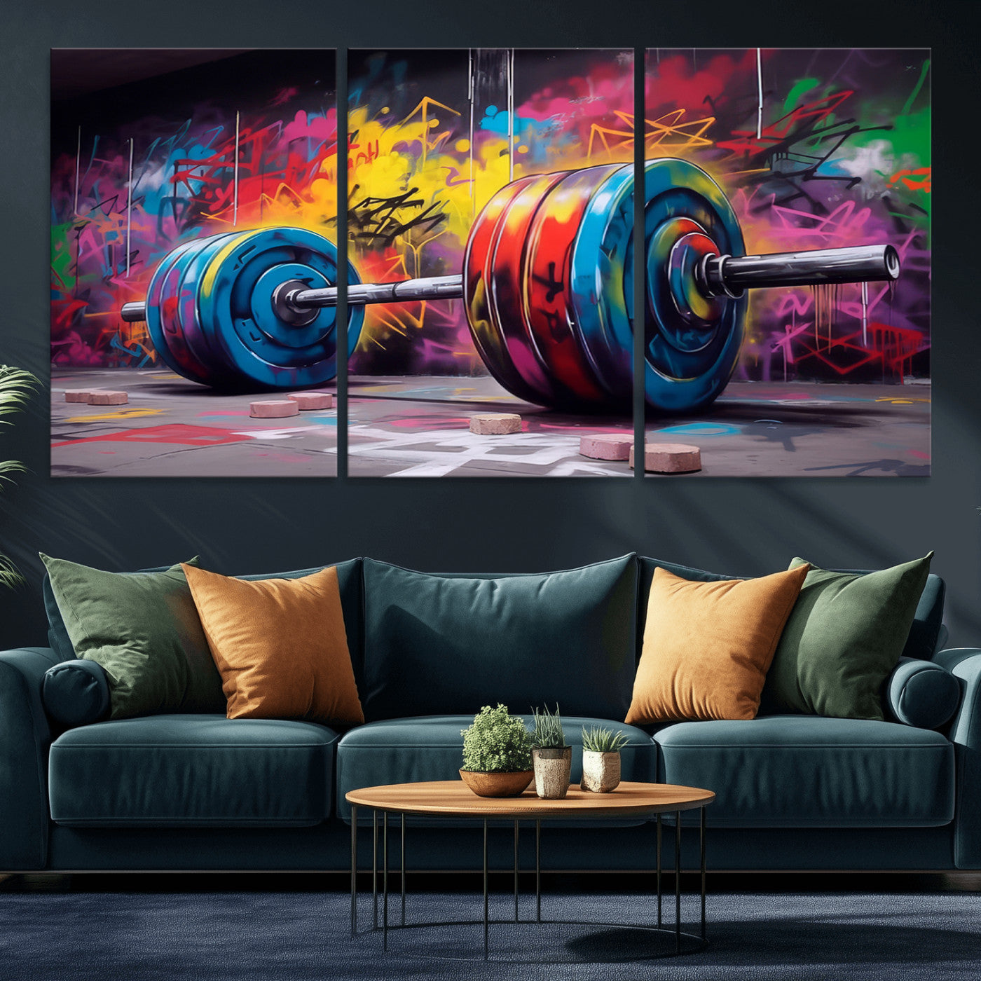 MGV-CV-60X30-3P - Abstract Graffiti Barbell Canvas Wall Art – Urban Fitness Meets Bold Street Art Print - Gym Wall Art Print