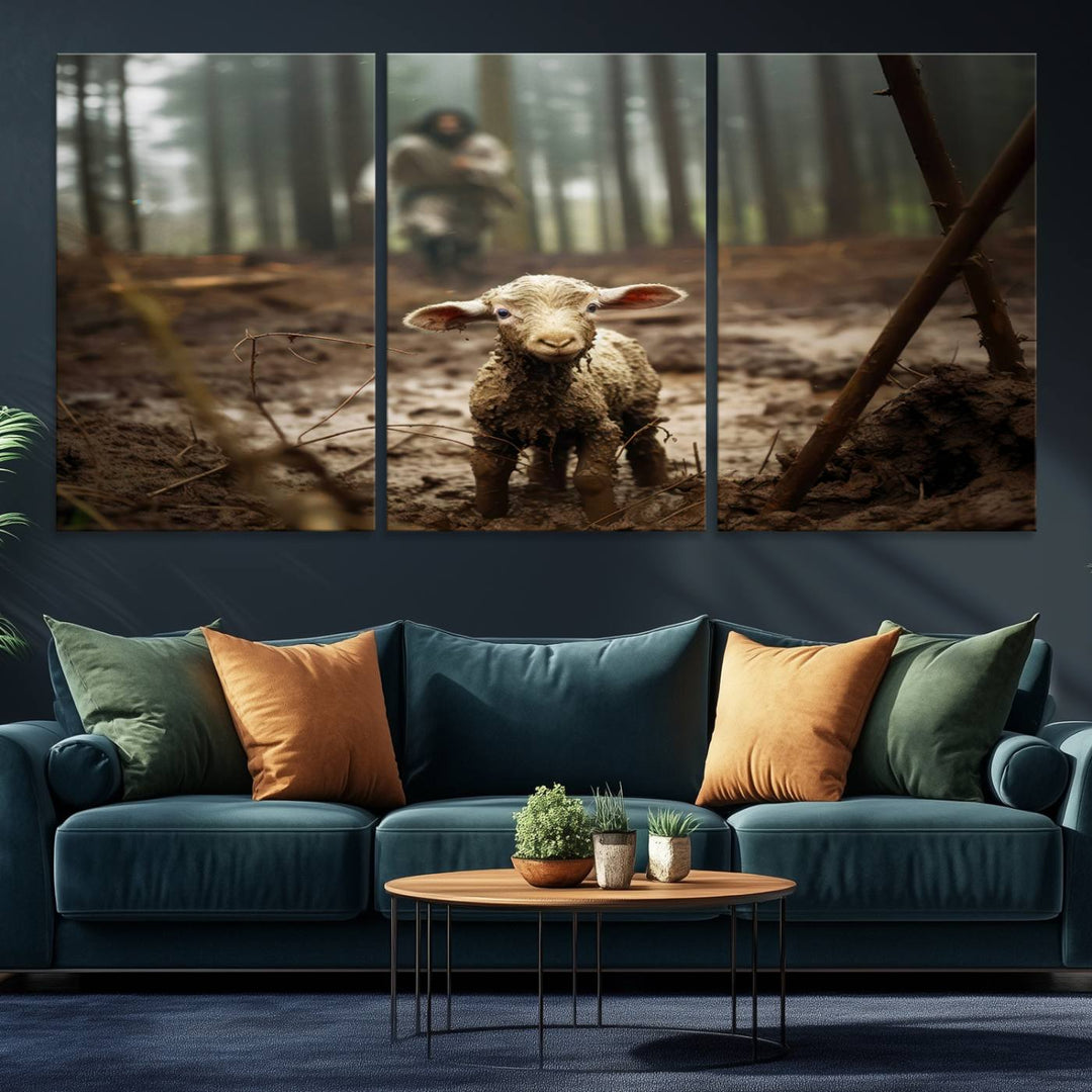 The Jesus Lost Lamb Canvas Wall Art features a heartwarming woodland scene, beautifully capturing the essence of serenity and grace.