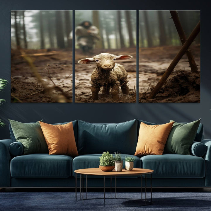 The Jesus Running After a Lost Lamb canvas wall art print depicts a lamb in a muddy forest.