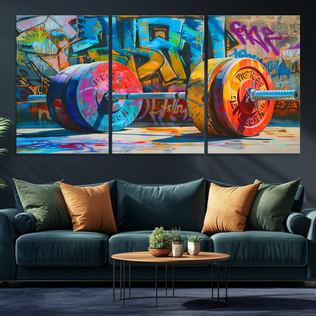 A Fitness Gym Barbell Graffiti Wall Art Canvas Print is displayed.