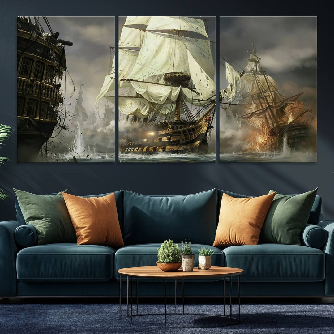 Featuring a dramatic Pirate Ship War Wall Art Canvas Print.