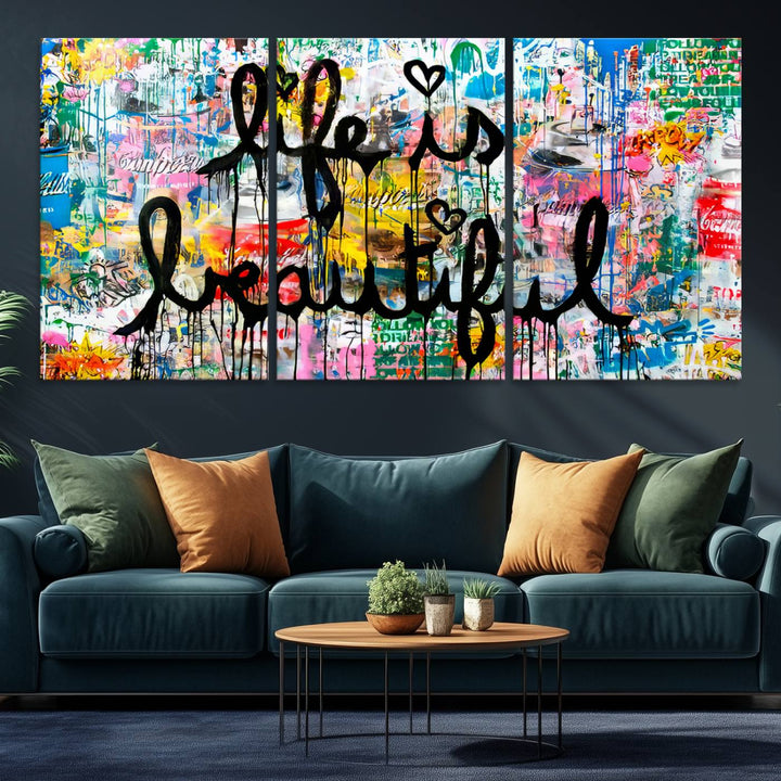 The Life Beautiful graffiti style canvas print is showcased in black script.