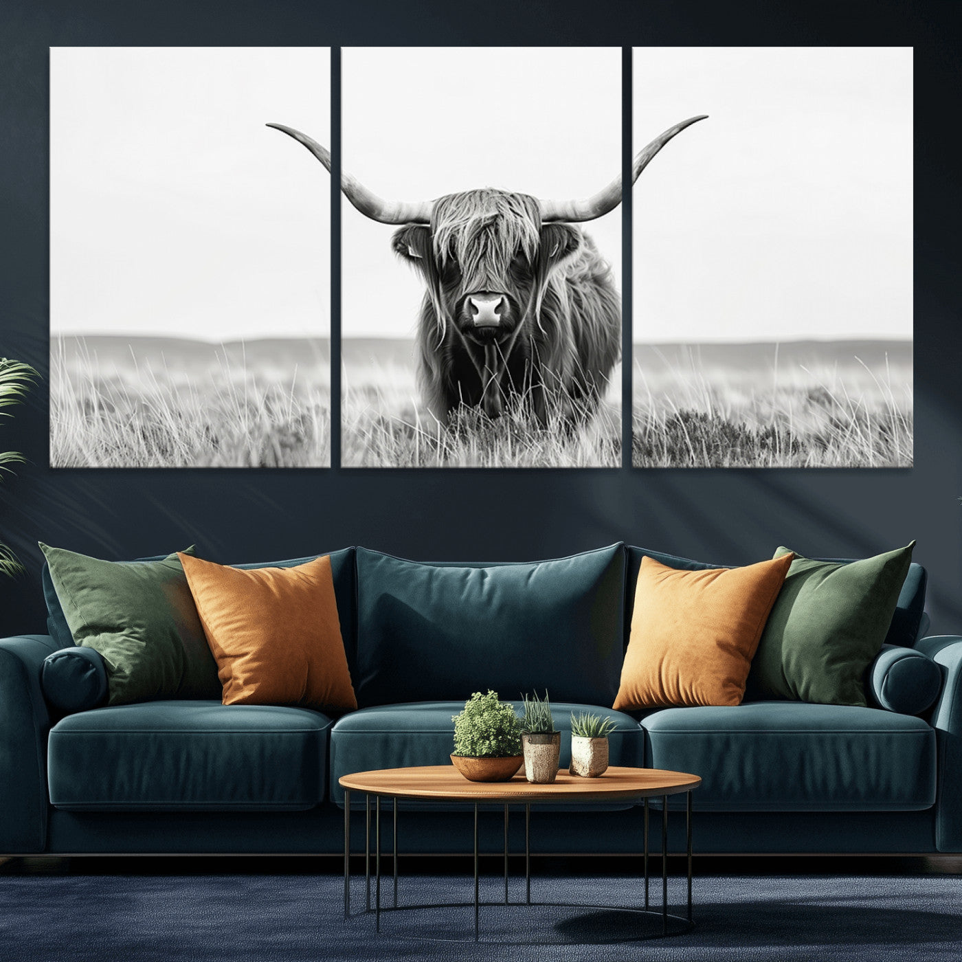 MGV-CV-60X30-3P - Highland Cow Canvas Wall Art – Majestic Beauty in Black and White – Ready to Hang