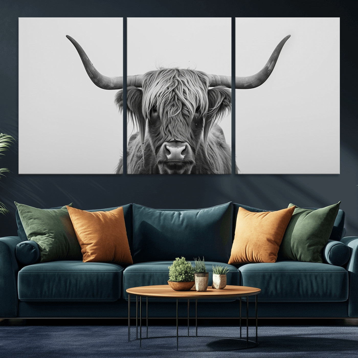 MGV-CV-60X30-3P - Farmhouse Longhorn Wall Art Canvas Print, Longhorn Texas Wall Art Canvas Print