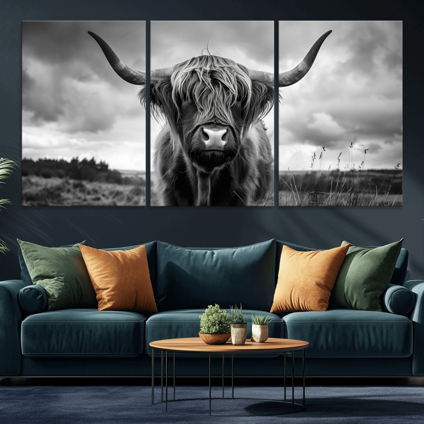 MGV-CV-60X30-3P - Scottish Cow Wall Art Canvas Print | Longhorn Wall Art | Bighorn Animal Wall Art