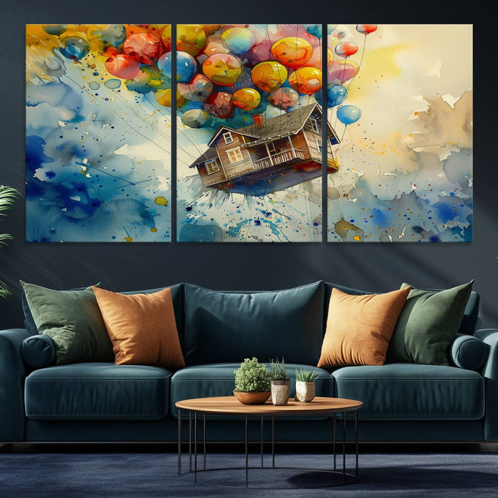 UP-Inspired Floating House with Balloons Triptych Canvas Art – Colorful 3-Panel Wall Decor for Living Room, Office, or Nursery