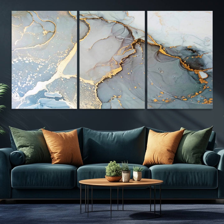 A blue and gold marbled Large Abstract Marble Wall Art Canvas Print hangs overhead.