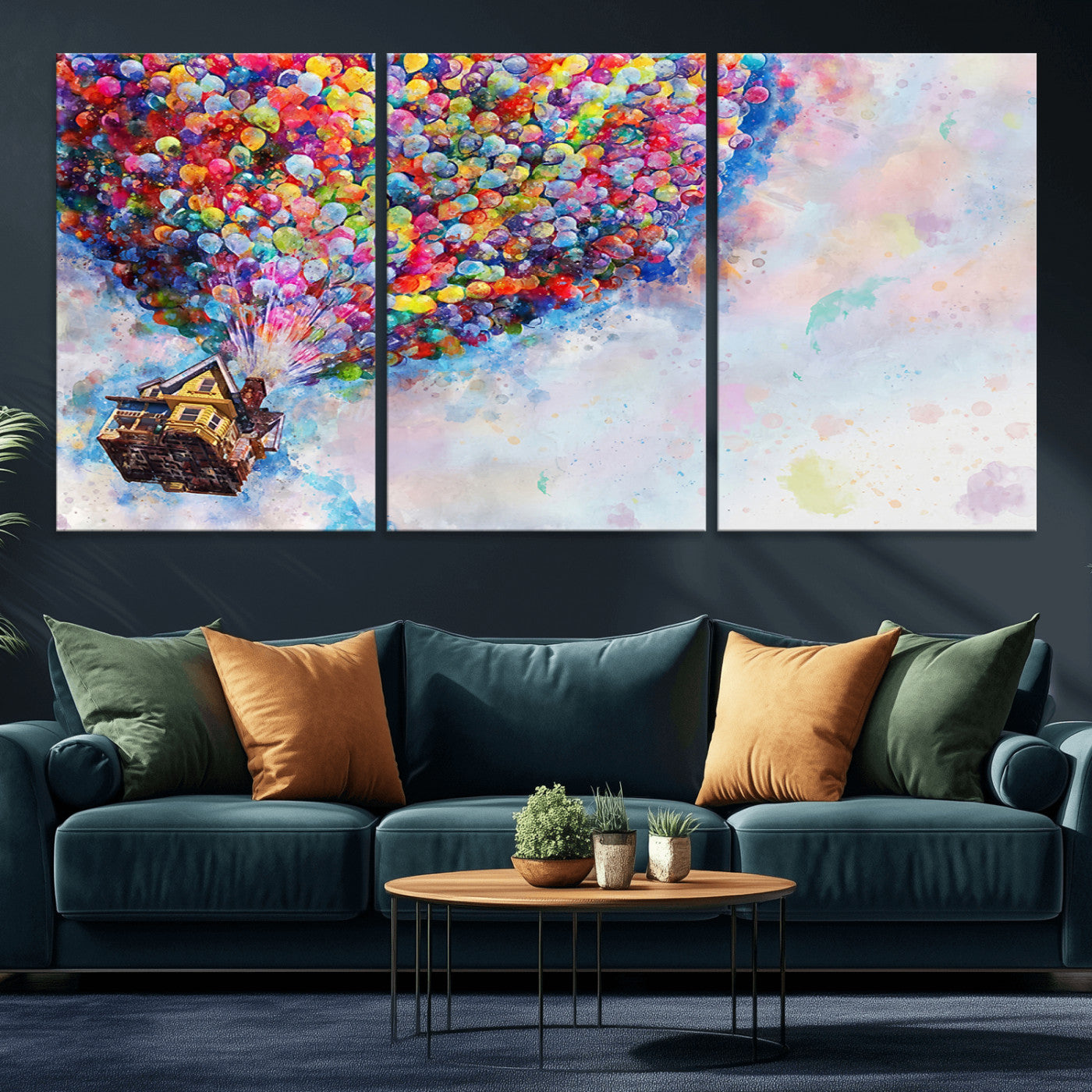 MGV-CV-60X30-3P - Don't Look Up Movie Canvas Wall Art - Vibrant Floating House and Balloons Scene, Tribute to Iconic