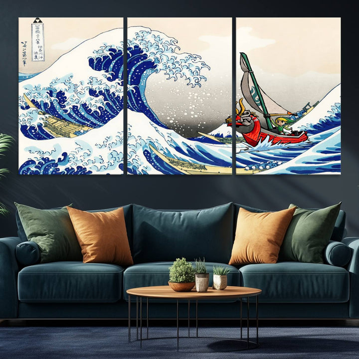 The Katsushika Hokusai Kanagawa Giant Wave Canvas print captures a vibrant sailing scene.