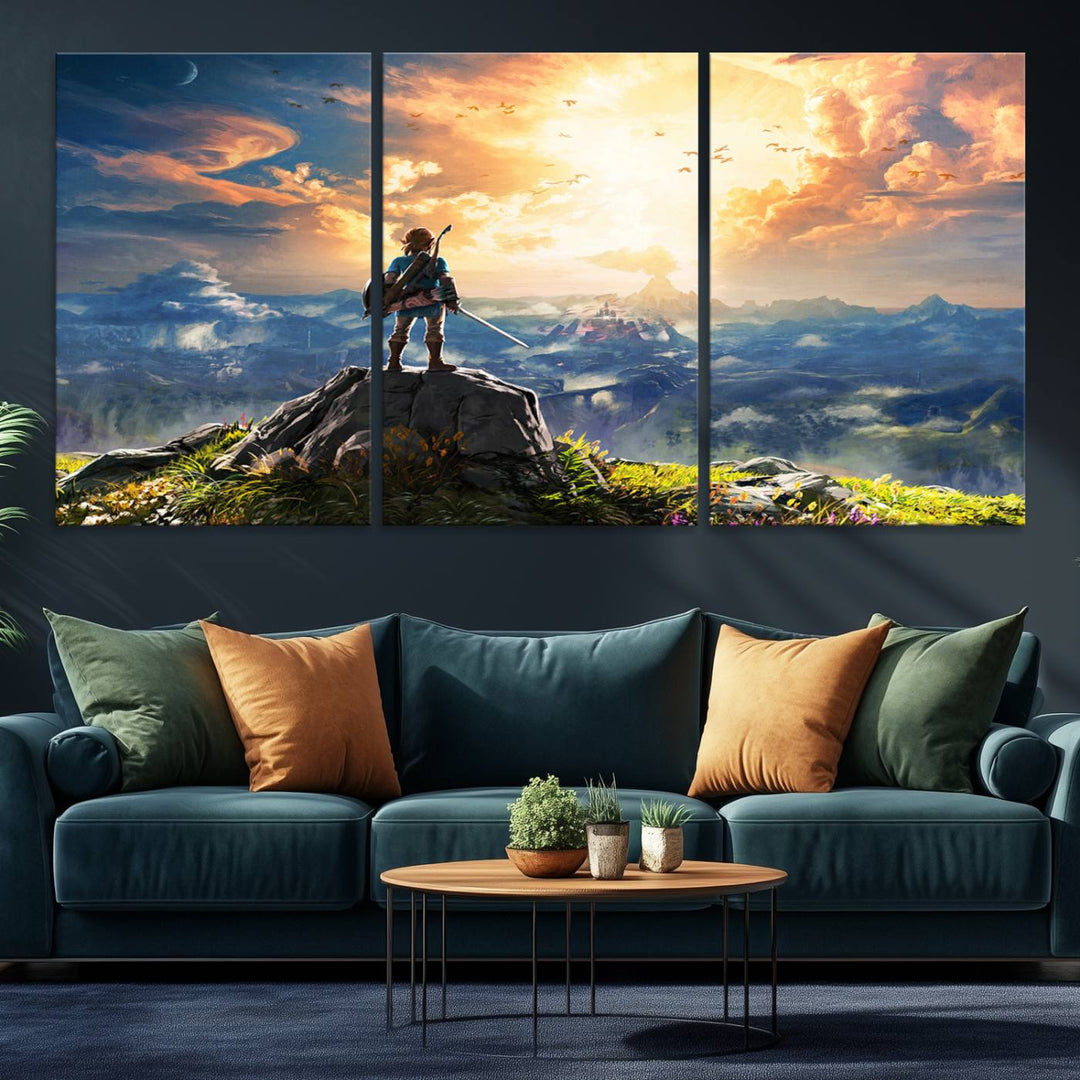 A vibrant Legend of Zelda Breath of the Wild canvas print depicts a figure standing on a rock with mountains and sky in the background.