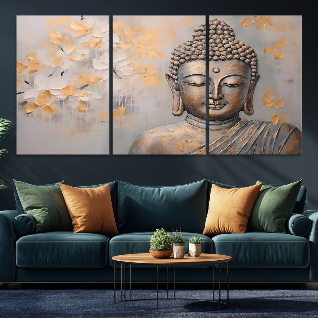 The serene dining room features Abstract Buddha Statue Wall Art.