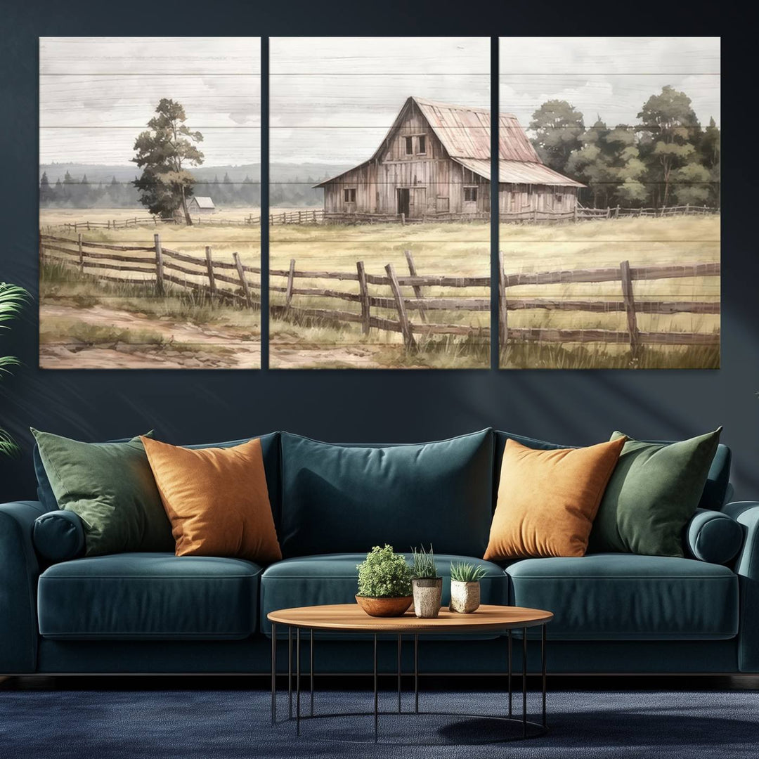 The wall is adorned with a Rustic Farmhouse Barn Wall Art.