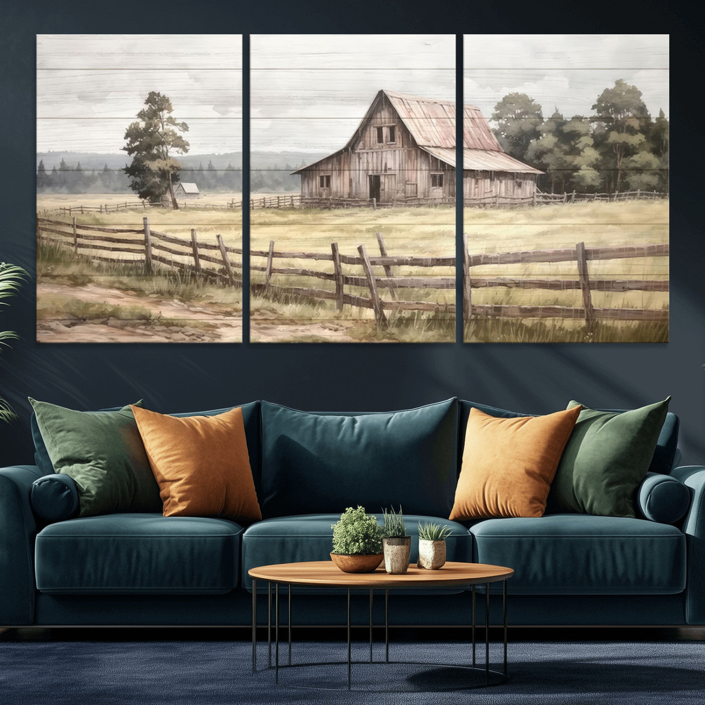 MGV-CV-60X30-3P - Rustic Farmhouse Barn Wall Art | 3-Panel Framed Gallery Wrap Giclee Canvas Print for Living Room, Farmhouse, or Office | Country Landscape Wall Art