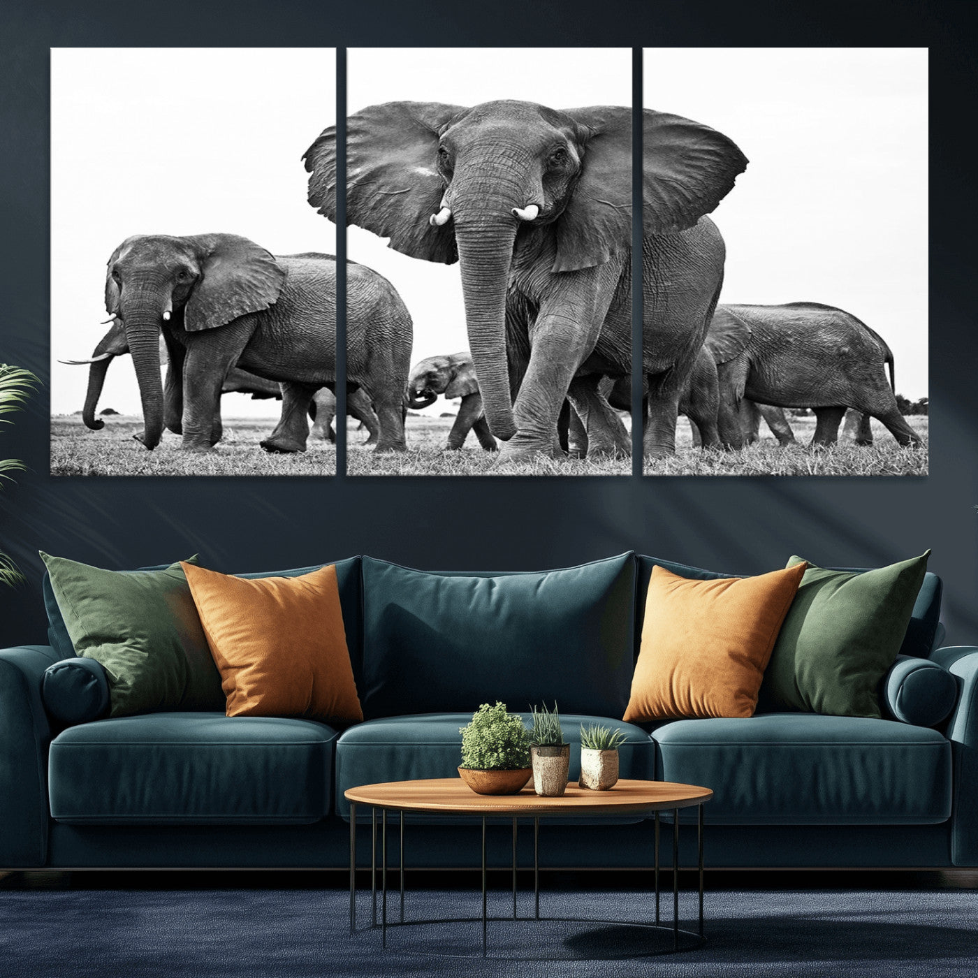 MGV-CV-60X30-3P - Black White Elephant Family Wall Art Canvas Print