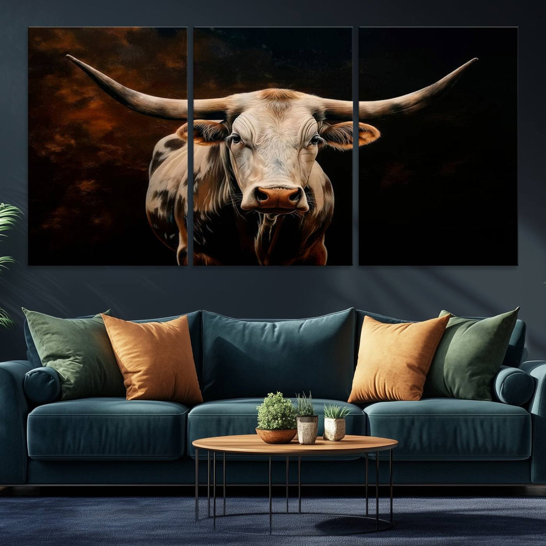 A large 3-panel Texas Longhorn canvas print dominates the space.