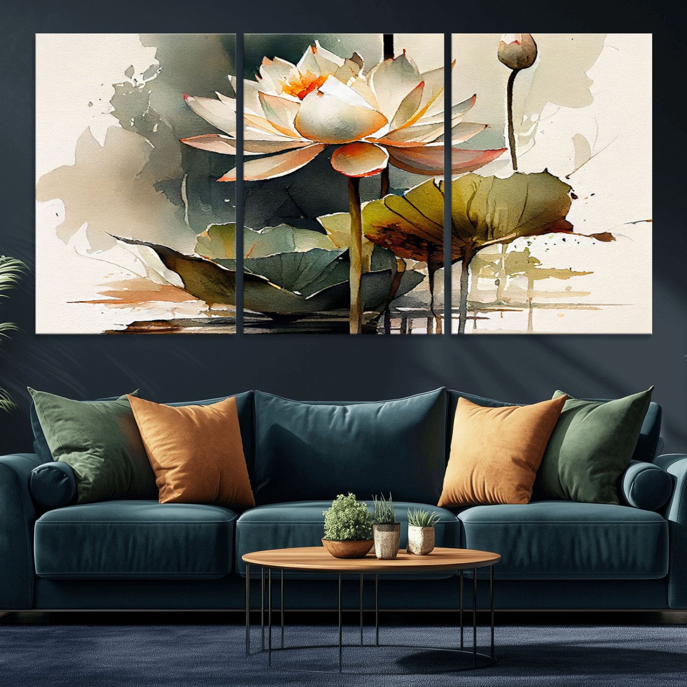 MGV-CV-60X30-3P - Lotus Flower Watercolor Canvas Print – A Symbol of Serenity and Growth, Captured in Soft Watercolors – Contemporary Wall Art for Tranquil Spaces