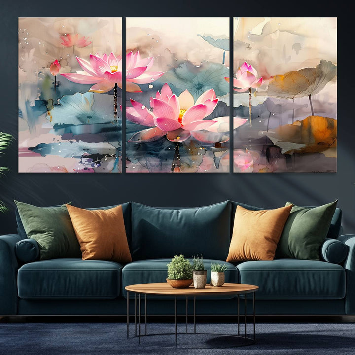 A pink lotus wall art adorns the space.