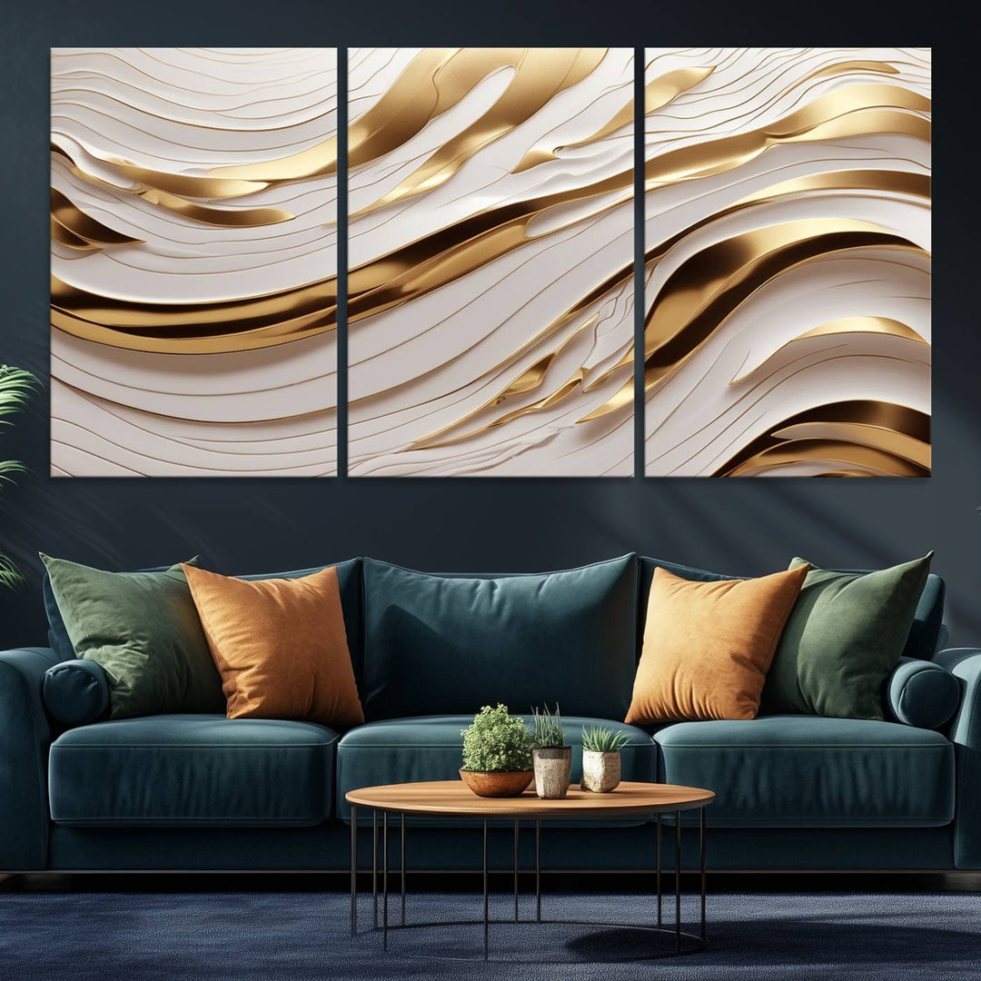 A Gold and White Abstract Wave Canvas with luxurious golden accents.