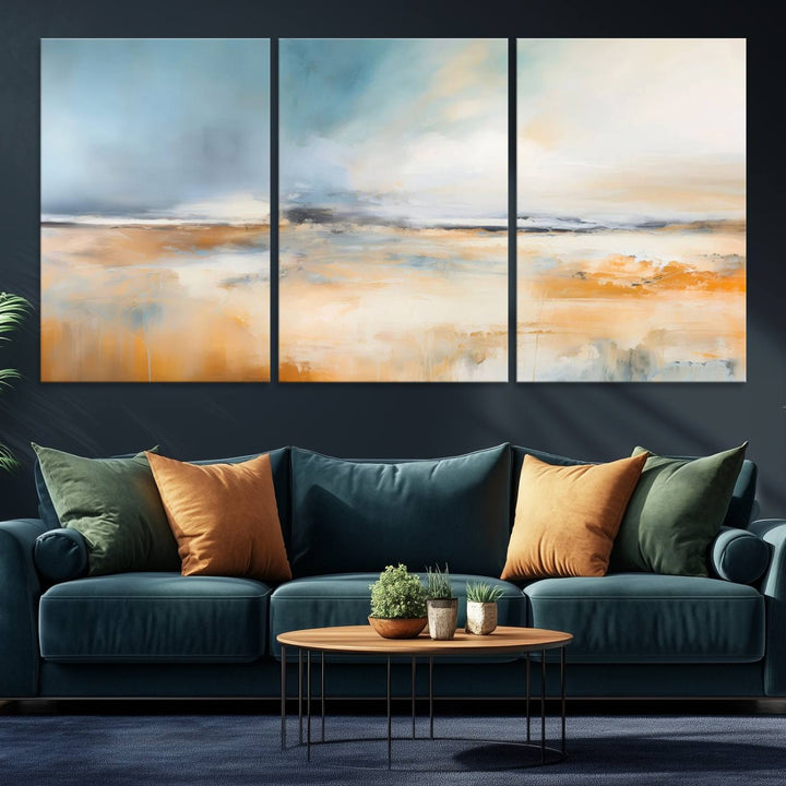 Abstract Landscape Wall Art in warm tones of orange and blue.