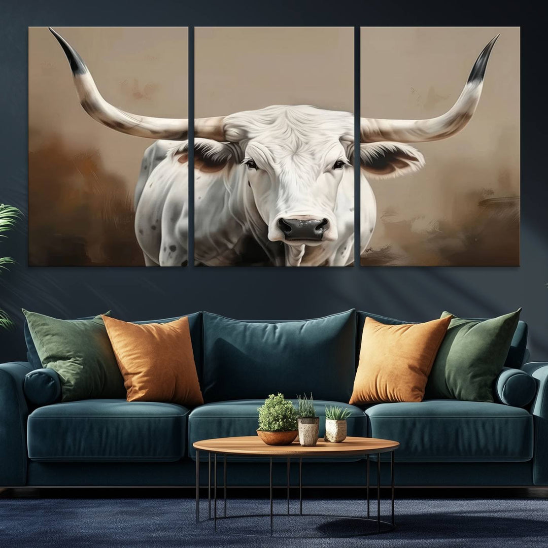 The kitchen features a striking canvas print of a Longhorn Bull.