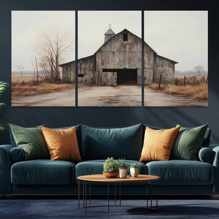 The Farmhouse Rustic Barn Wall Art Canvas Print, framed and ready to hang, enhances the farmhouse décor.