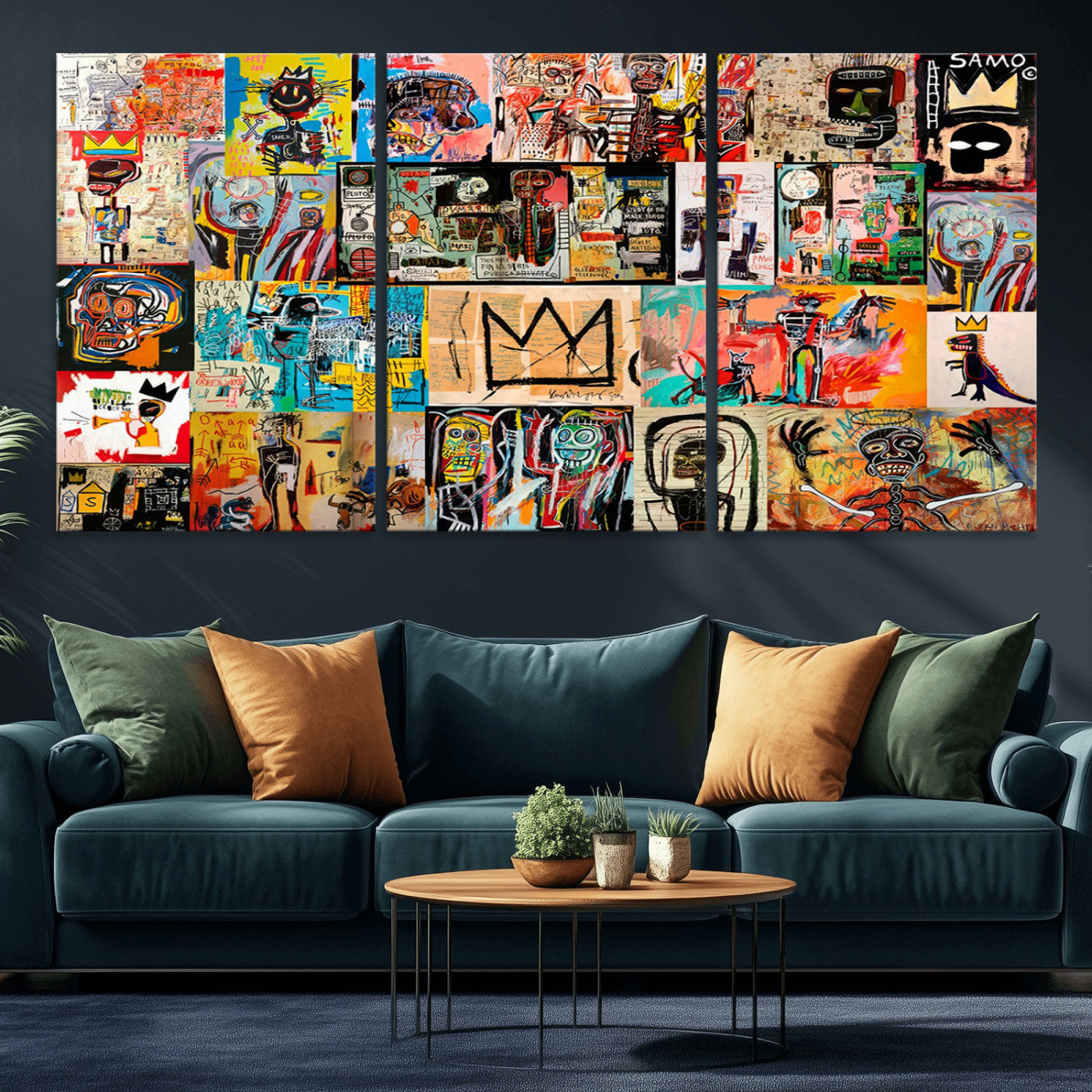 MGV-CV-60X30-3P - Basquiat Art Collage Wall Art Canvas Print – Framed, Ready to Hang, Urban Graffiti Style